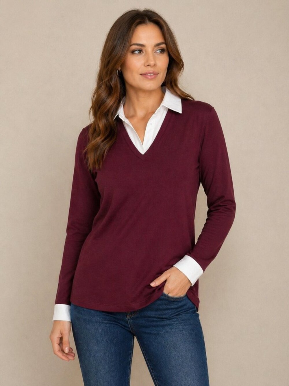 Gloria Vanderbilt Burgundy Layered Look Top White Color M